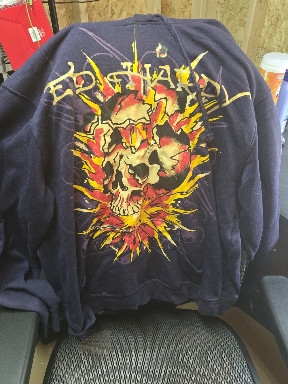 Ed Hardy Navy‎ Hoodie with Yellow & Red Skull Flame Graphic